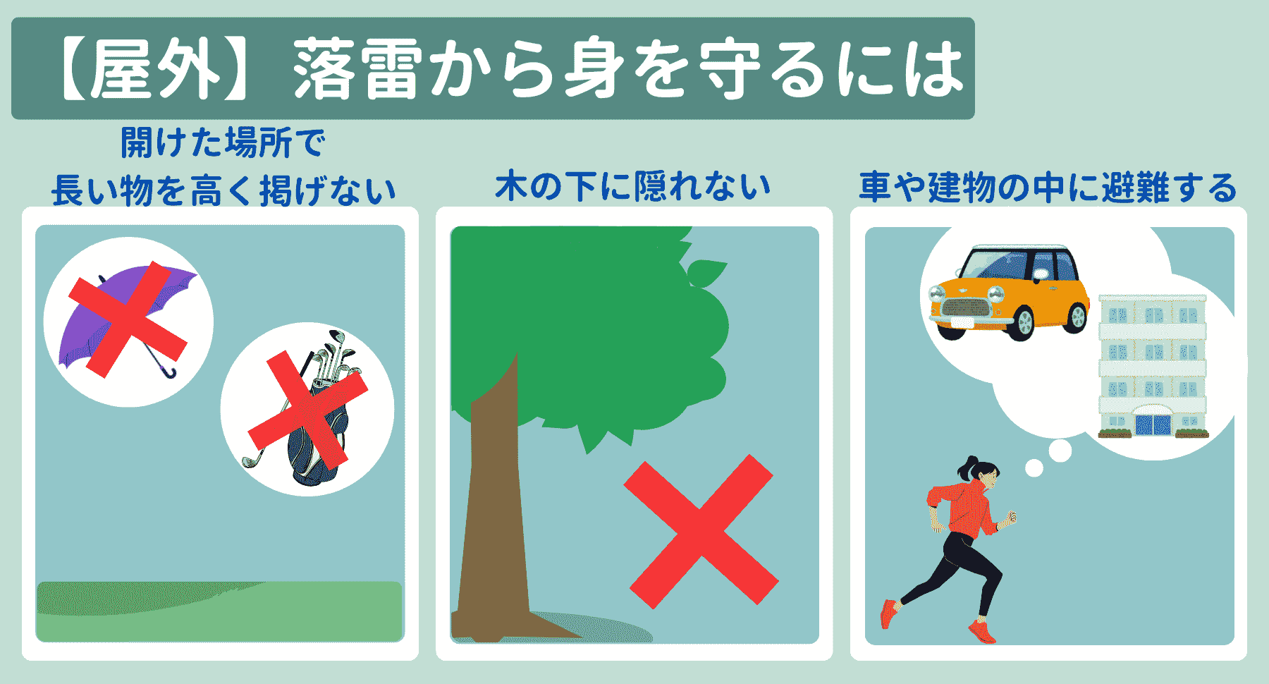 【屋外】開けた場所、高い場所から離れる